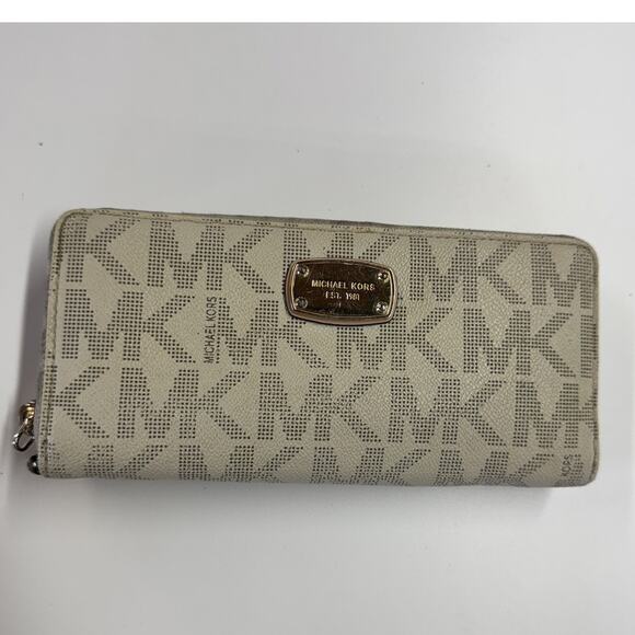 Michael Kors Wallet Womens Beige Zip Around MK Logo Continental Clutch Purse - Picture 1 of 9